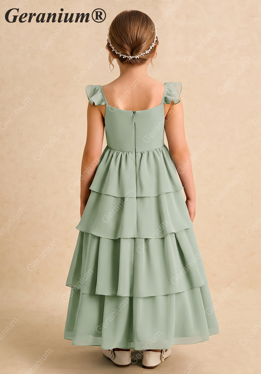 Geranium Sage Green Tiered Chiffon Flower Girl Dress with Flutter Sleeves | Elegant Junior Bridesmaid Gown KD-217