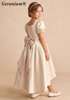 Geranium Satin Puff Sleeve Flower Girl Dress - High-Low First Communion Gown with Oversized Bow Back KD-249