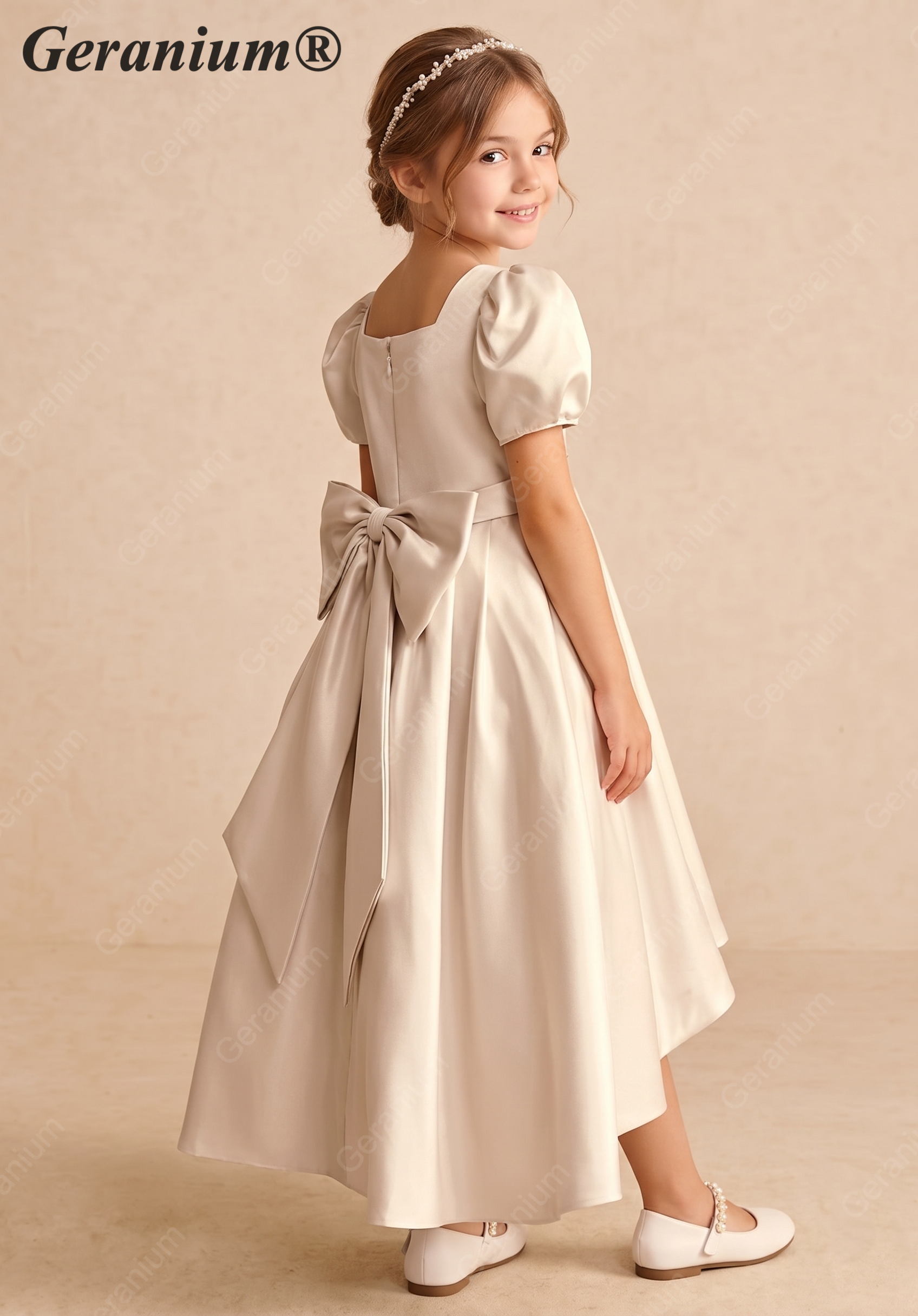 Geranium Satin Puff Sleeve Flower Girl Dress - High-Low First Communion Gown with Oversized Bow Back KD-249