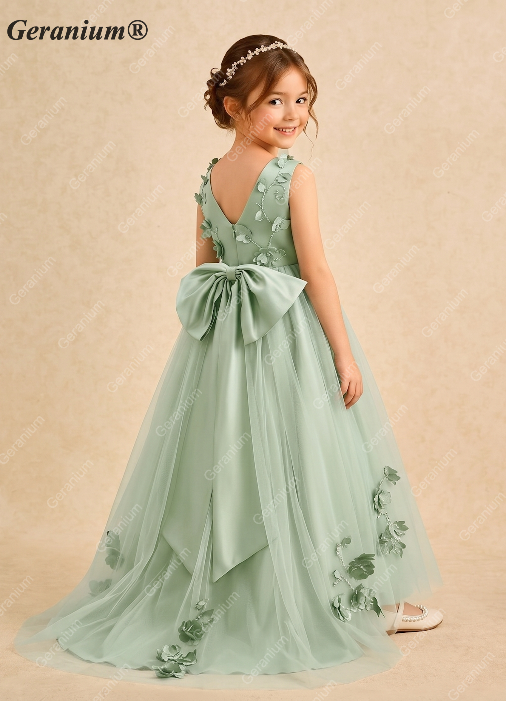 Geranium Dusty Sage 3D Floral High-Low Flower Girl Dress with Satin Bow – KD-91 Secondary image
