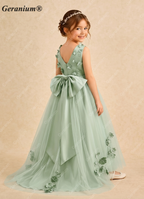 Geranium 3D Floral Applique Sage Green Flower Girl Dress - High-Low Tulle Ball Gown with Satin Bow KD-91