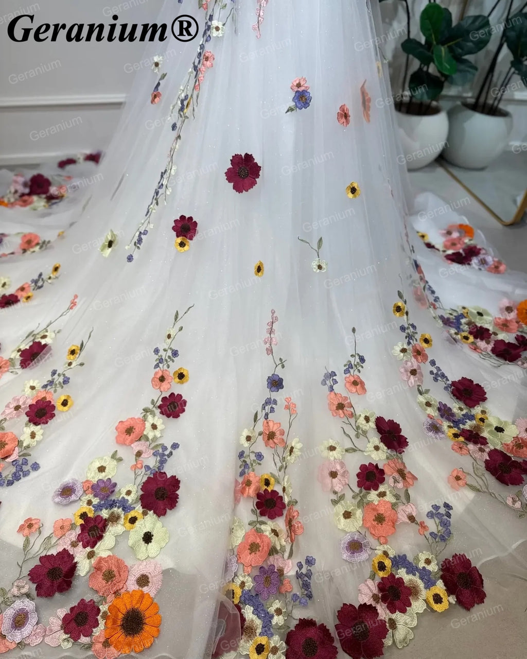 Geranium Multicolor Floral Ball Gown Wedding Dress with Cathedral Train – GER49