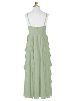 Geranium Sage Green Chiffon Junior Bridesmaid Dress with Ruffle Skirt – Spaghetti Strap V-Neck Teen Formal Dress KD-57