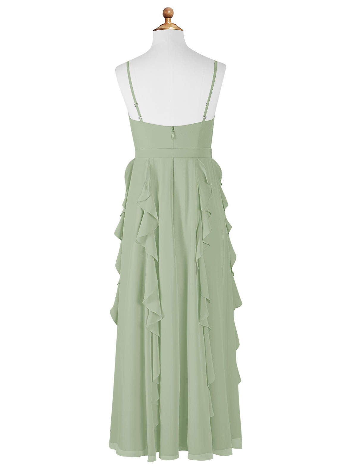 Geranium Sage Green Chiffon Junior Bridesmaid Dress with Ruffle Skirt – Spaghetti Strap V-Neck Teen Formal Dress KD-57