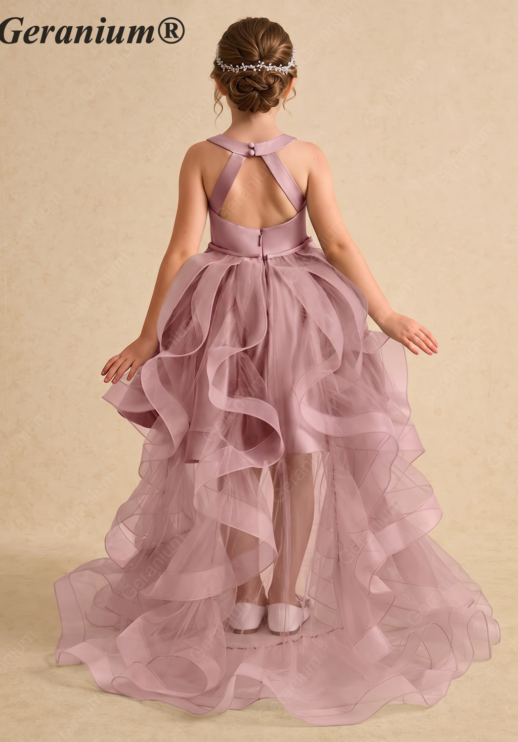 Geranium Girls Mauve Satin Hi-Low Dress with Pearl Waistband & Detachable Ruffled Tulle Train KD-283