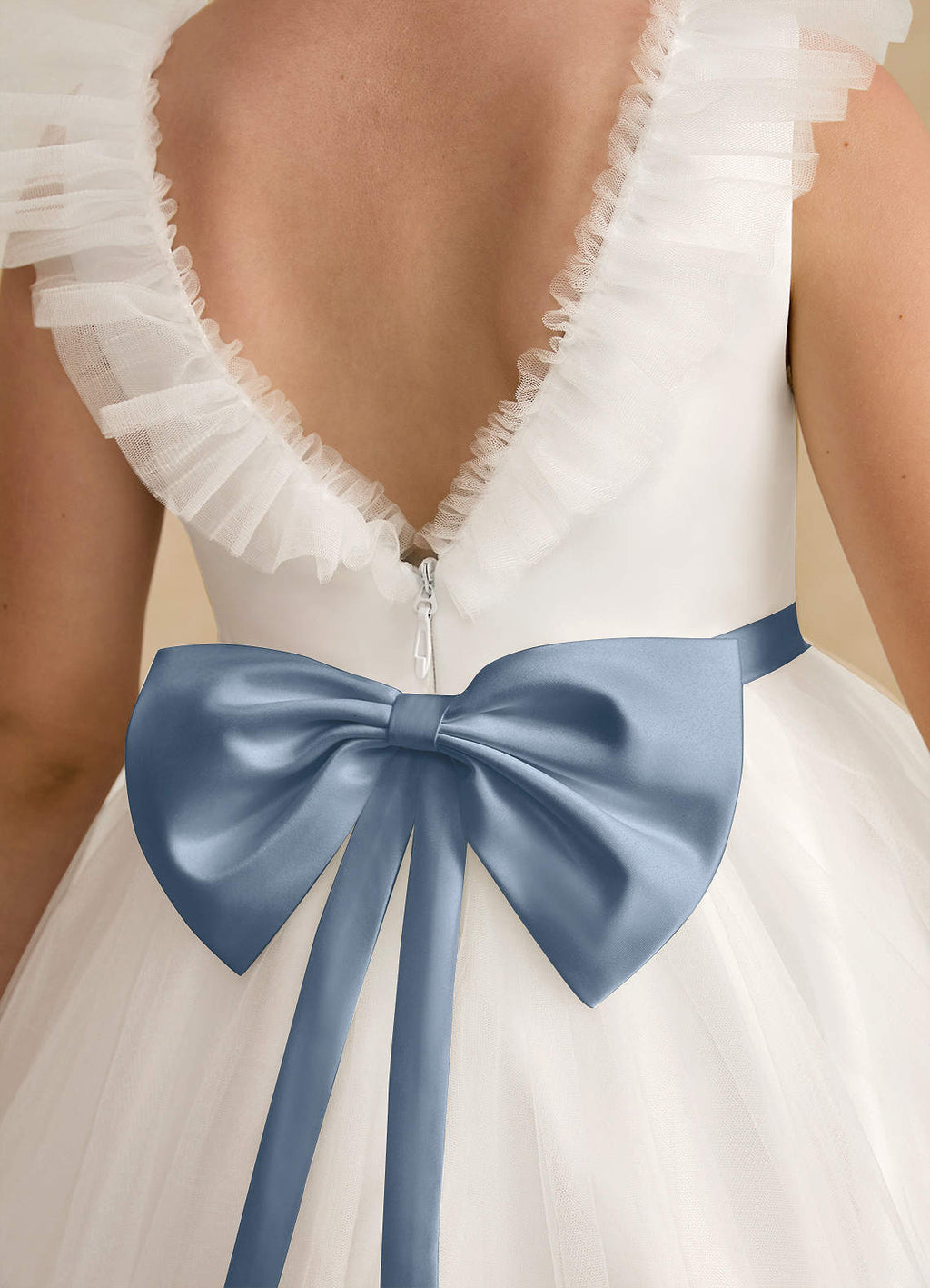 Geranium Ruffle V-Back Flower Girl Dress with Satin Bow Sash - Tulle T-Length Princess Party Gown KD-179