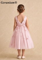 Geranium 3D Floral Applique Flower Girl Dress - Dusty Pink Tulle Princess Gown for Weddings & Birthdays KD-210