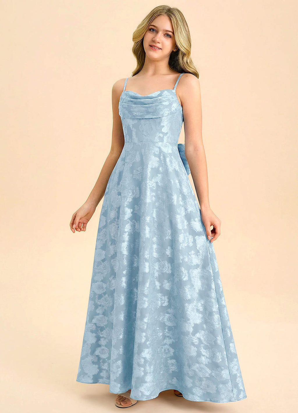 Geranium Dusty Blue Jacquard A-Line Long Dress with Bow Back – Spaghetti Strap Elegant Teen Formal Dress KD-76