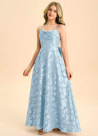 Geranium Dusty Blue Jacquard A-Line Long Dress with Bow Back – Spaghetti Strap Elegant Teen Formal Dress KD-76