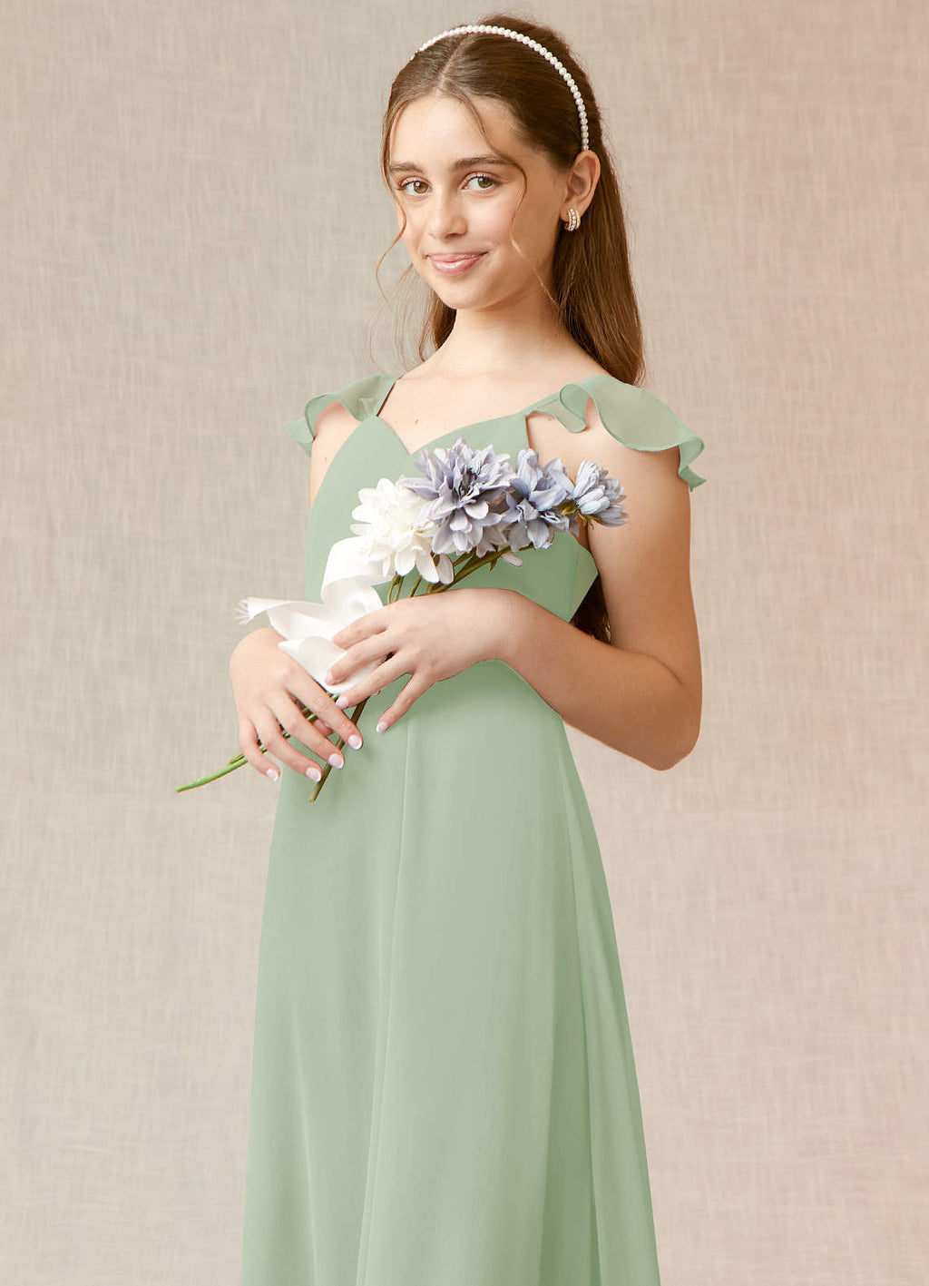 Geranium Sage Green Flutter Sleeve Chiffon Junior Bridesmaid Dress with Bow Back & Side Slit KD-69