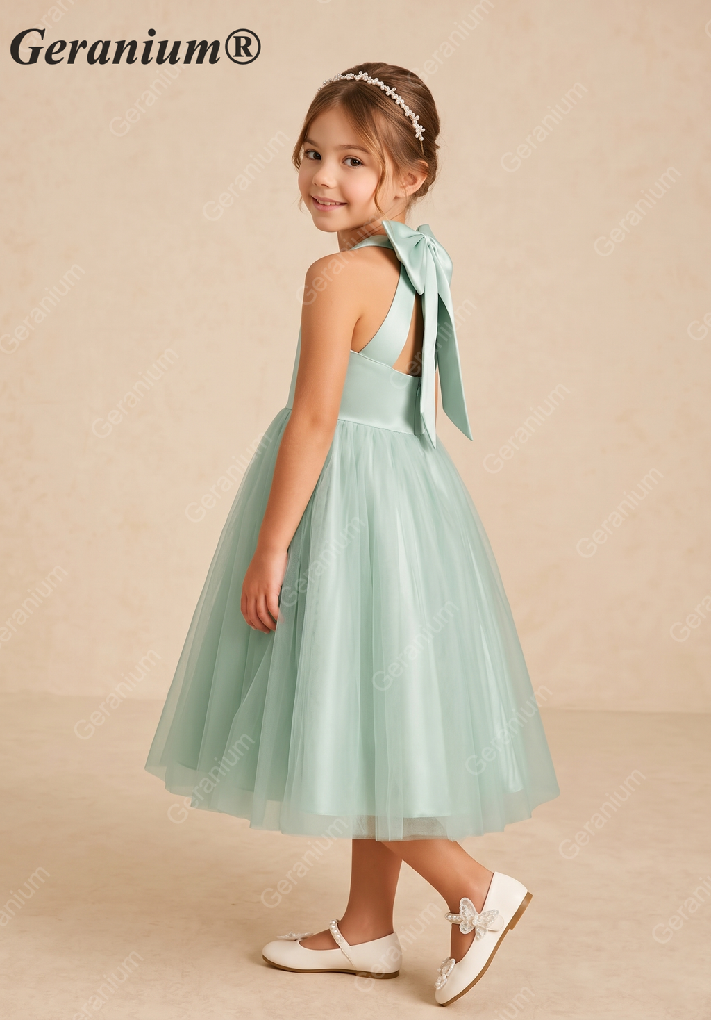 Geranium Elegant Sage Green Halter Flower Girl Dress with Statement Bow Back & Tulle Skirt KD-205