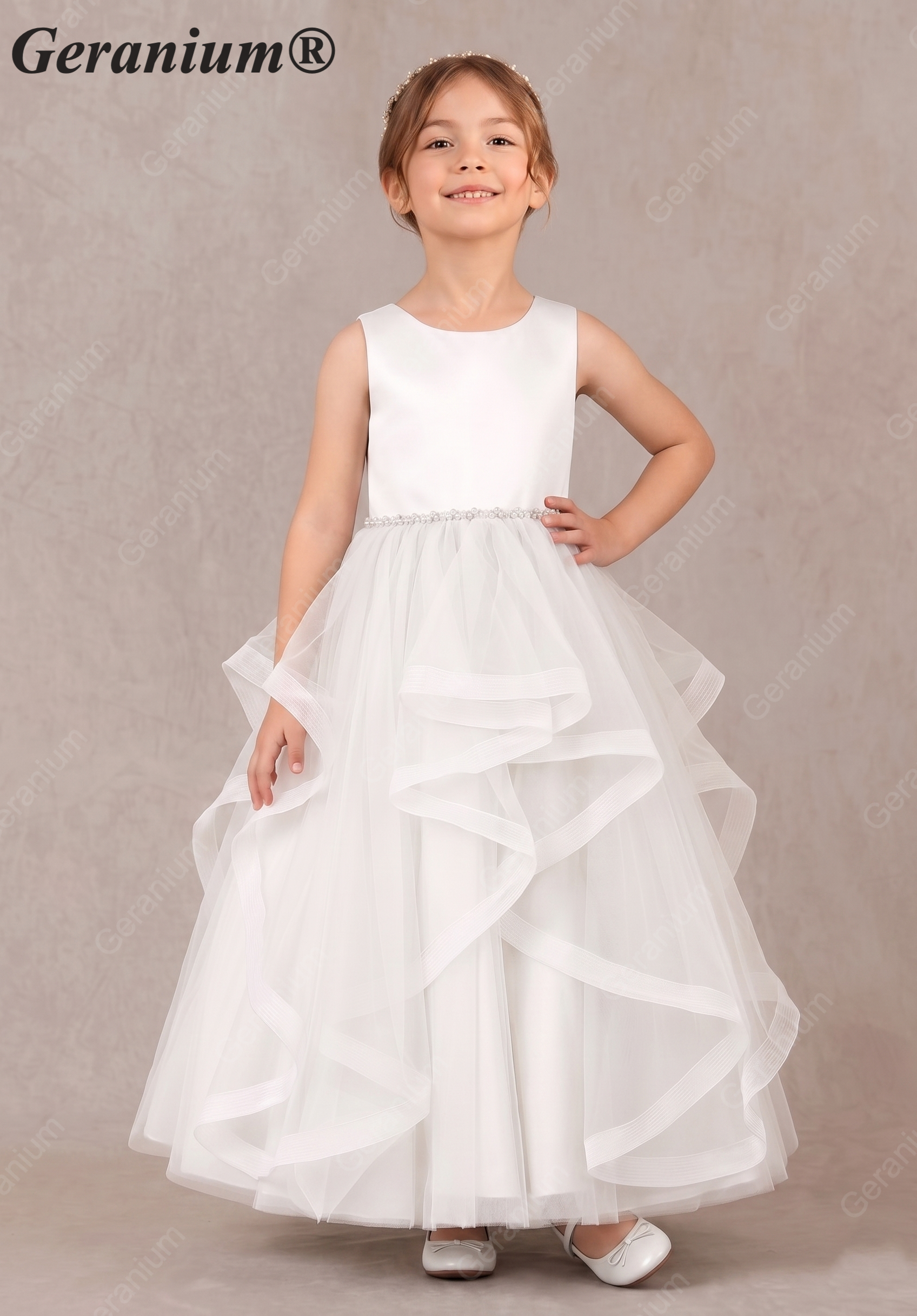 Geranium Sweet Princess Flower Girl Dress - Cascading Tulle Ruffles with Pearl Beaded Waistband KD-262 Secondary image