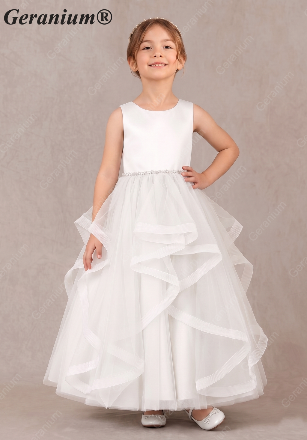 Geranium Sweet Princess Flower Girl Dress - Cascading Tulle Ruffles with Pearl Beaded Waistband KD-262