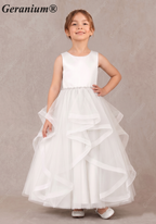 Geranium Sweet Princess Flower Girl Dress - Cascading Tulle Ruffles with Pearl Beaded Waistband KD-262