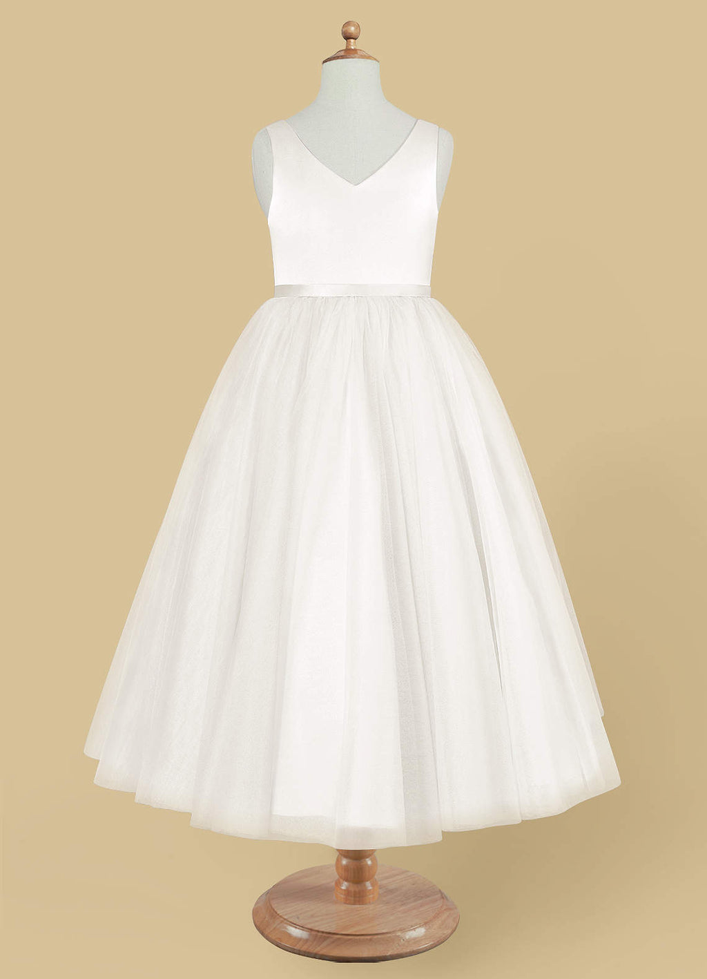 Geranium Simple V-Neck Satin & Tulle Flower Girl Dress - Elegant A-Line Ball Gown with Oversized Back Bow KD-199