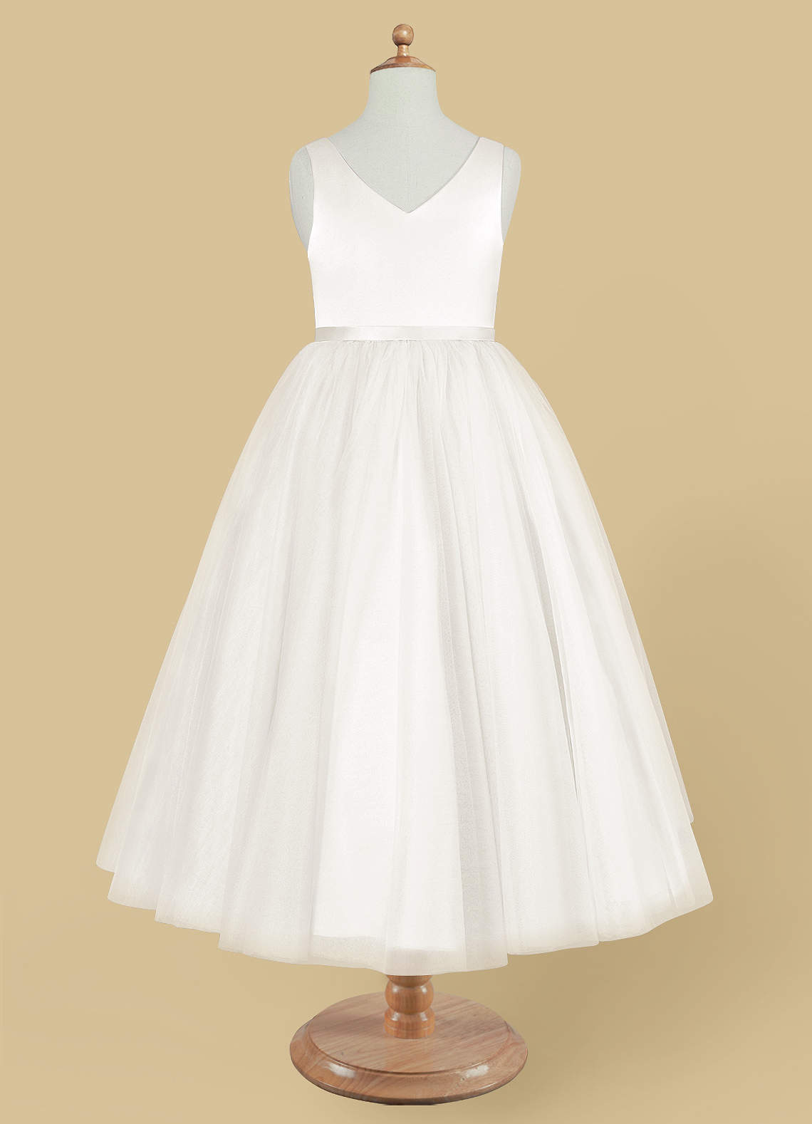 Geranium Simple V-Neck Satin & Tulle Flower Girl Dress - Elegant A-Line Ball Gown with Oversized Back Bow KD-199