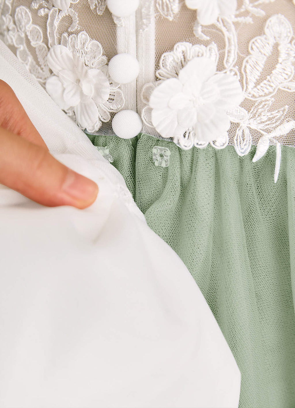 Geranium Sage Green Flower Girl Dress: Embroidered Lace Applique Bodice with Oversized Back Bow KD-200