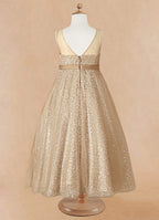 Geranium Luxury Champagne Gold Sequin Flower Girl Dress - Illusion Neckline Tulle Ball Gown for Kids KD-267