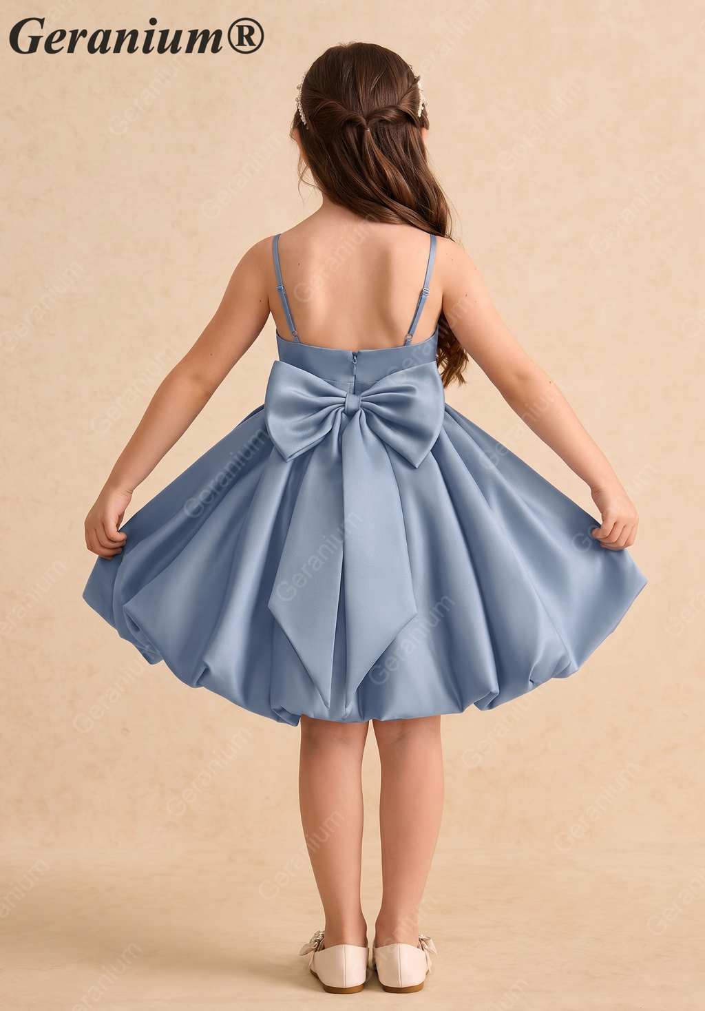 Geranium Elegant Dusty Blue Satin Flower Girl Dress - Spaghetti Strap Bubble Hem Party Gown with Oversized Back Bow KD-273
