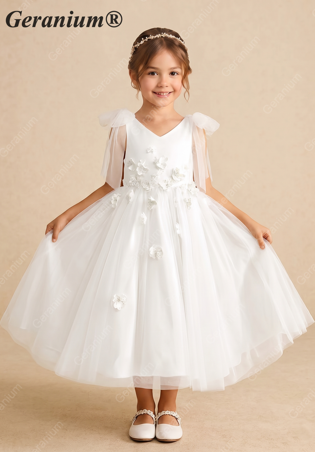 Geranium Elegant White 3D Floral Flower Girl Dress - Fairy Tulle Bow Shoulder V-Neck Princess Gown for Weddings & Parties KD-227