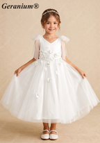 Geranium Elegant White 3D Floral Flower Girl Dress - Fairy Tulle Bow Shoulder V-Neck Princess Gown for Weddings & Parties KD-227