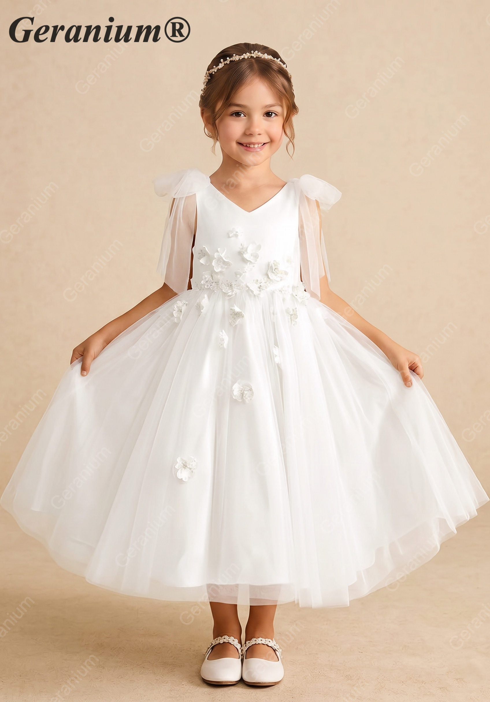 Geranium Elegant White 3D Floral Flower Girl Dress - Fairy Tulle Bow Shoulder V-Neck Princess Gown for Weddings & Parties KD-227