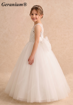 Geranium Elegant Floor-Length White Tulle Ball Gown for Girls with Sequin Appliques KD-236
