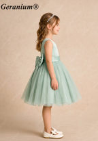 Geranium Sage Green Tulle Flower Girl Dress with Oversized Pearl Bow & Satin Bodice KD-256
