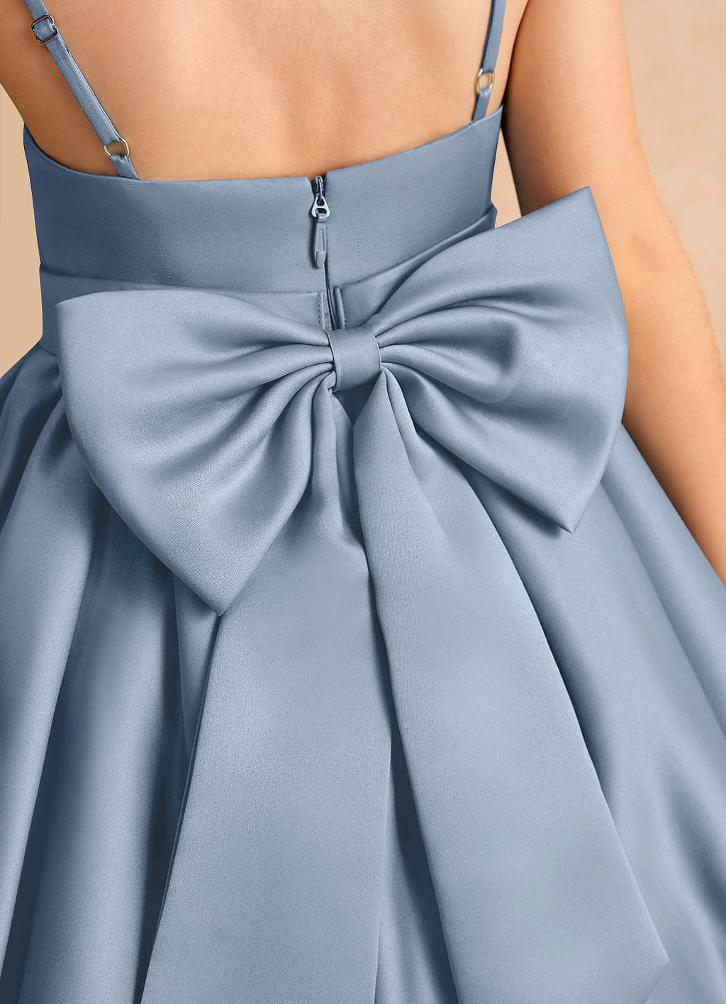 Geranium Elegant Dusty Blue Satin Flower Girl Dress - Spaghetti Strap Bubble Hem Party Gown with Oversized Back Bow KD-273
