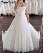 Geranium Strapless Floral Lace A-Line Wedding Dress with Chapel Train – GER34