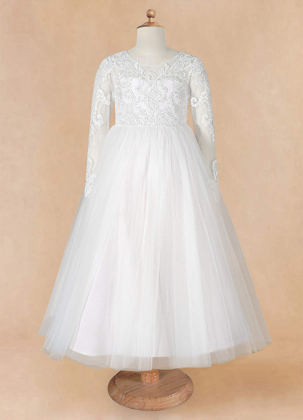 Geranium Elegant Lace Long Sleeve Flower Girl Dress with Oversized Back Bow & Tulle Train KD-208