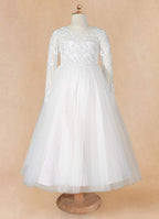 Geranium Elegant Lace Long Sleeve Flower Girl Dress with Oversized Back Bow & Tulle Train KD-208