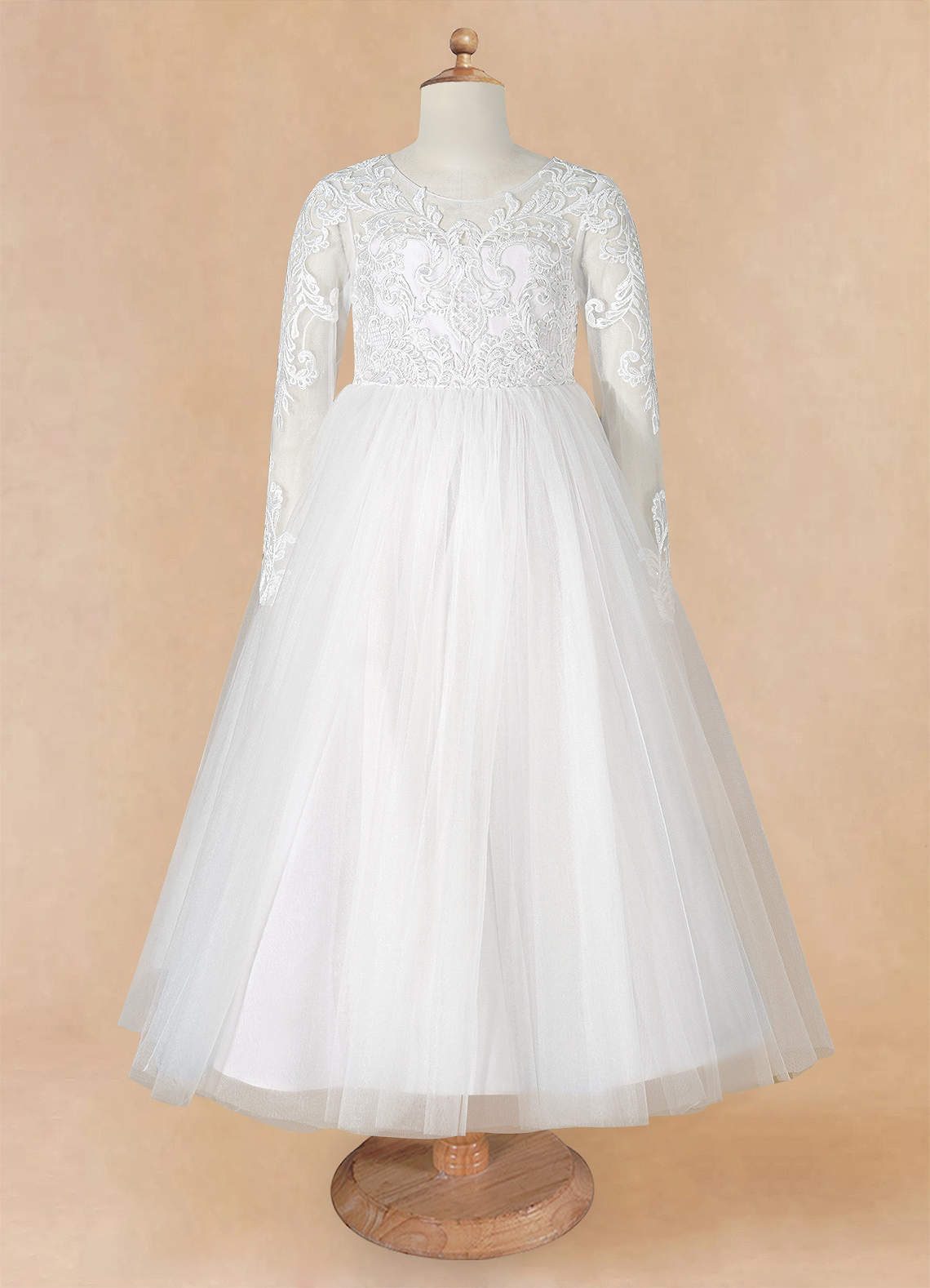 Geranium Elegant Lace Long Sleeve Flower Girl Dress with Oversized Back Bow & Tulle Train KD-208