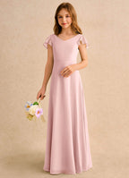 Geranium Blush Pink Chiffon Junior Bridesmaid Dress with Flutter Sleeves & Crisscross Back KD-147