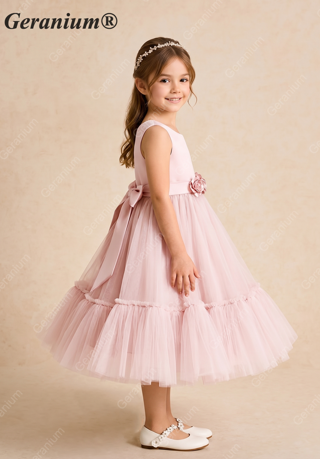 Geranium Elegant Blush Pink Tulle Flower Girl Dress - Satin Bodice with Handmade 3D Rosettes KD-206