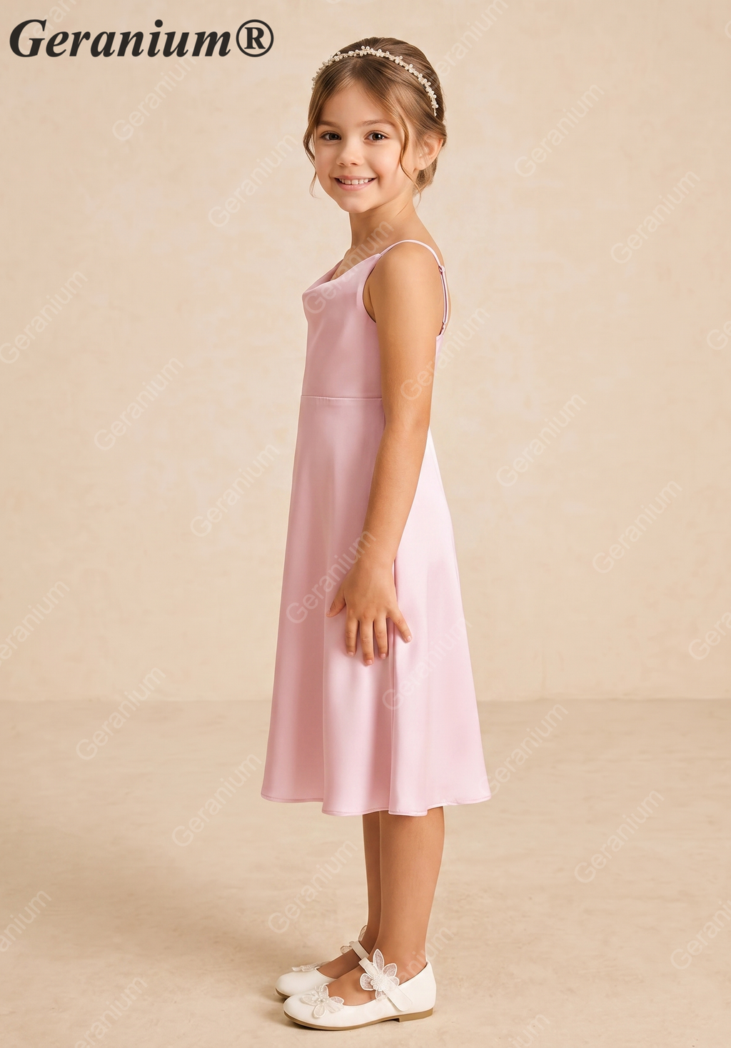 Geranium Elegant Blushing Pink Satin A-Line Flower Girl Dress with Cowl Neck and Straps - Princess Tea-Length KD-224