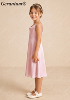 Geranium Elegant Blushing Pink Satin A-Line Flower Girl Dress with Cowl Neck and Straps - Princess Tea-Length KD-224