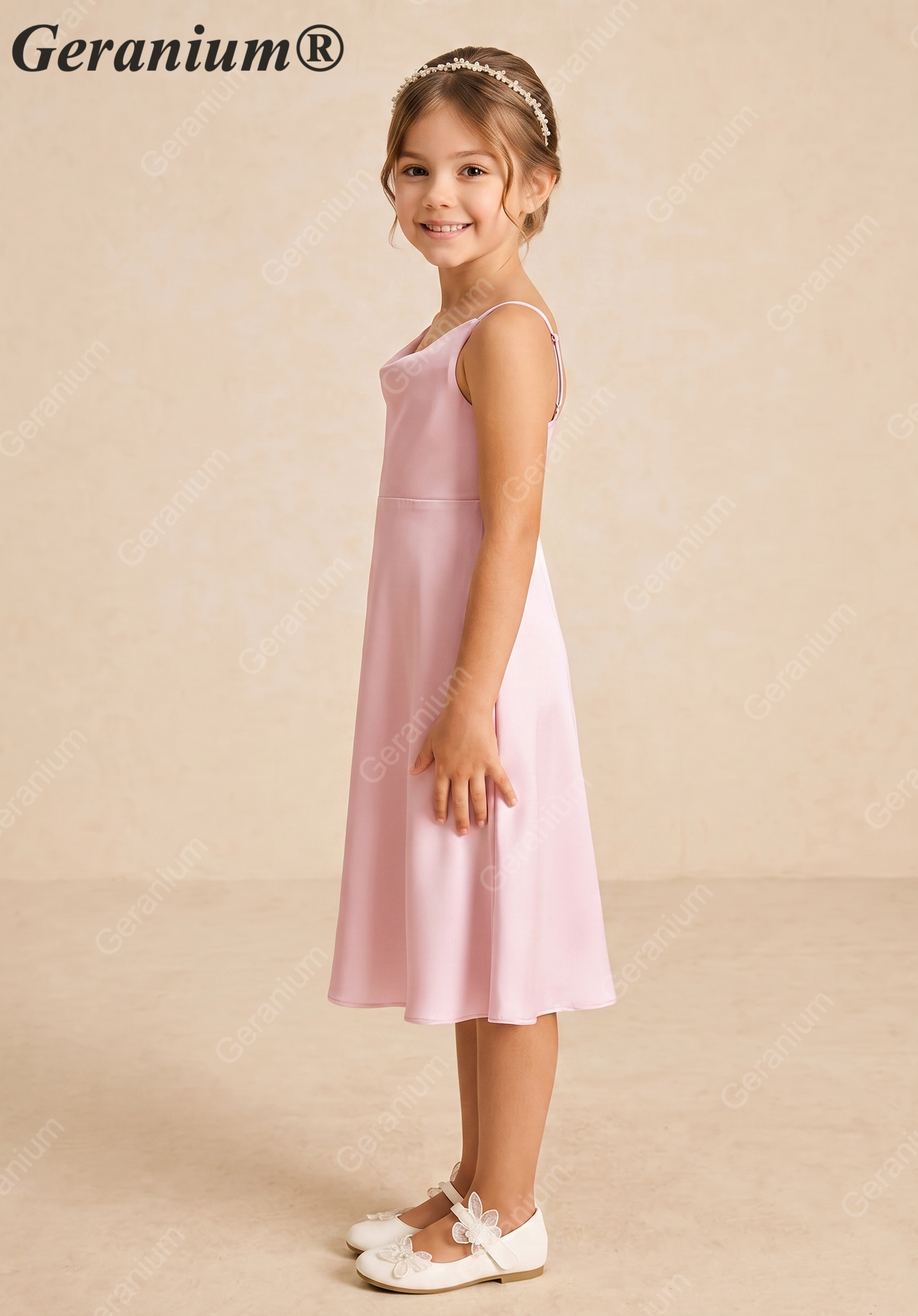 Geranium Elegant Blushing Pink Satin A-Line Flower Girl Dress with Cowl Neck and Straps - Princess Tea-Length KD-224