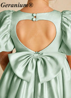 Geranium Elegant Sage Green Satin Flower Girl Dress - Heart Cutout Back with Oversized Bow - Puffy Short Sleeves Birthday Party Gown KD-282