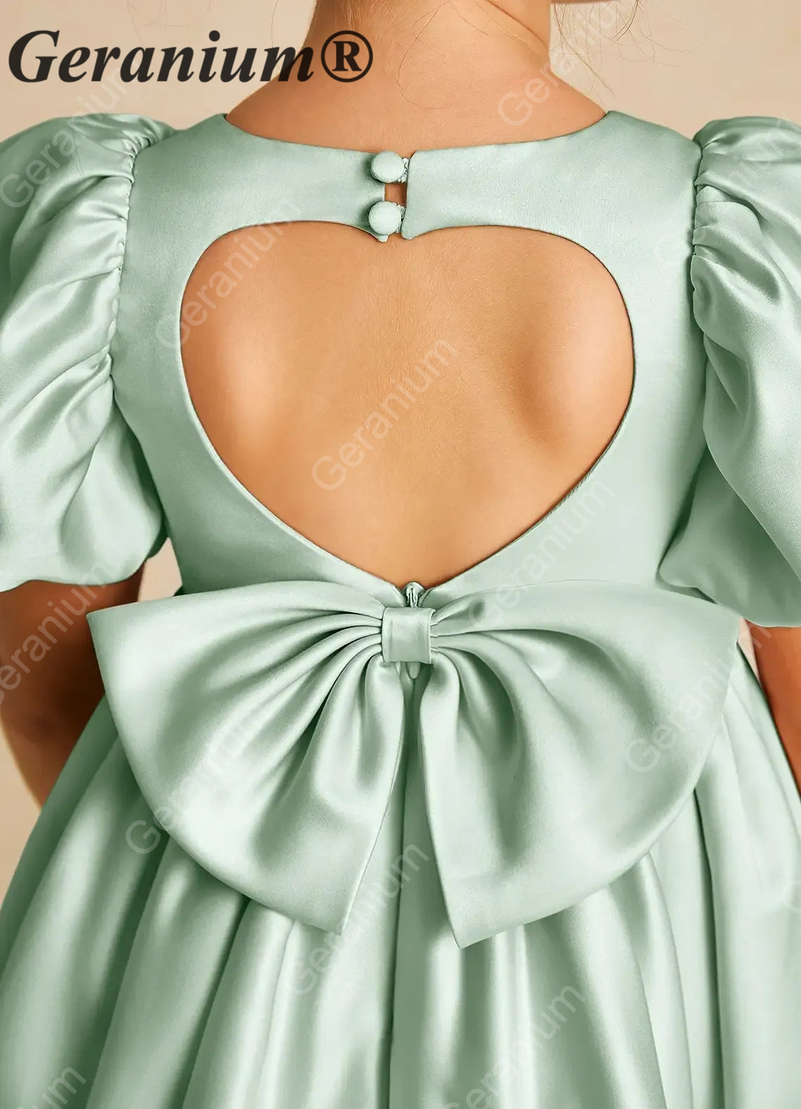 Geranium Elegant Sage Green Satin Flower Girl Dress - Heart Cutout Back with Oversized Bow - Puffy Short Sleeves Birthday Party Gown KD-282