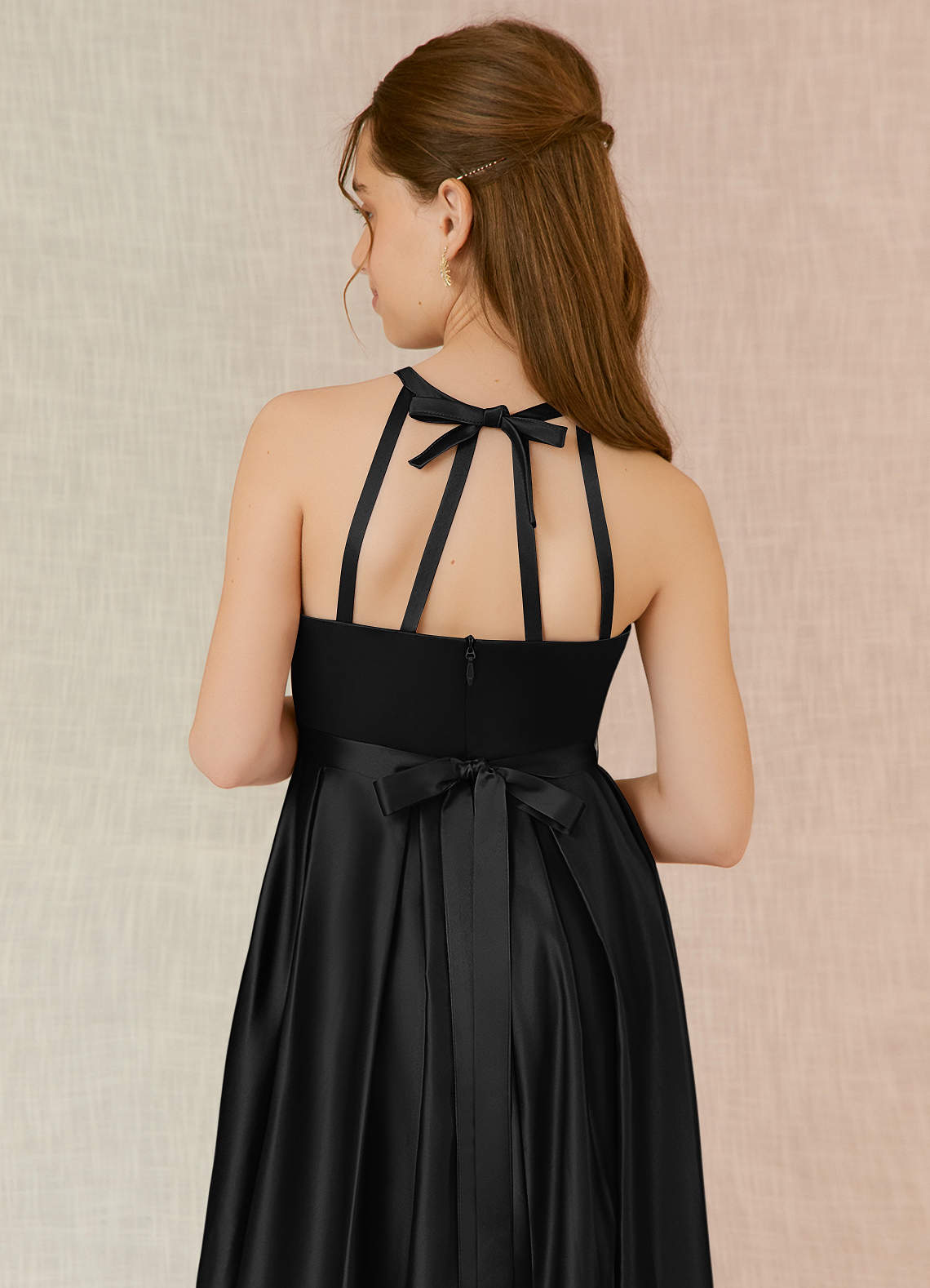 Geranium Elegant Black Halter Neck Satin A-Line Maxi Dress with Pockets & Bow Back KD-97