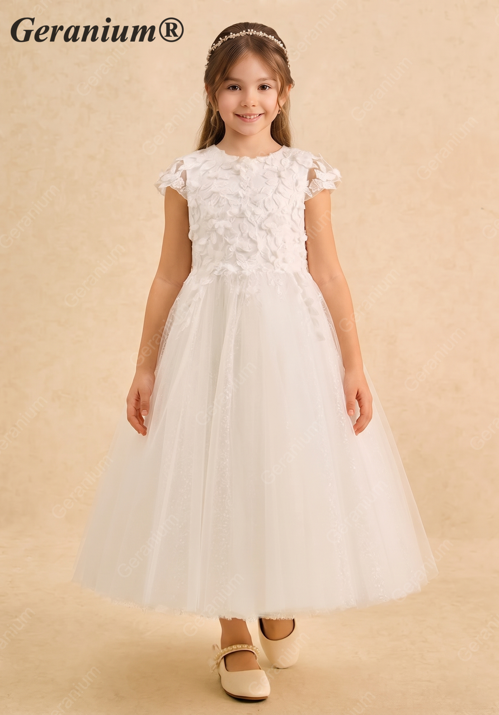 Geranium Elegant 3D Floral Applique Cap Sleeve Flower Girl Dress - Ankle Length Tulle Gown KD-234 Main image