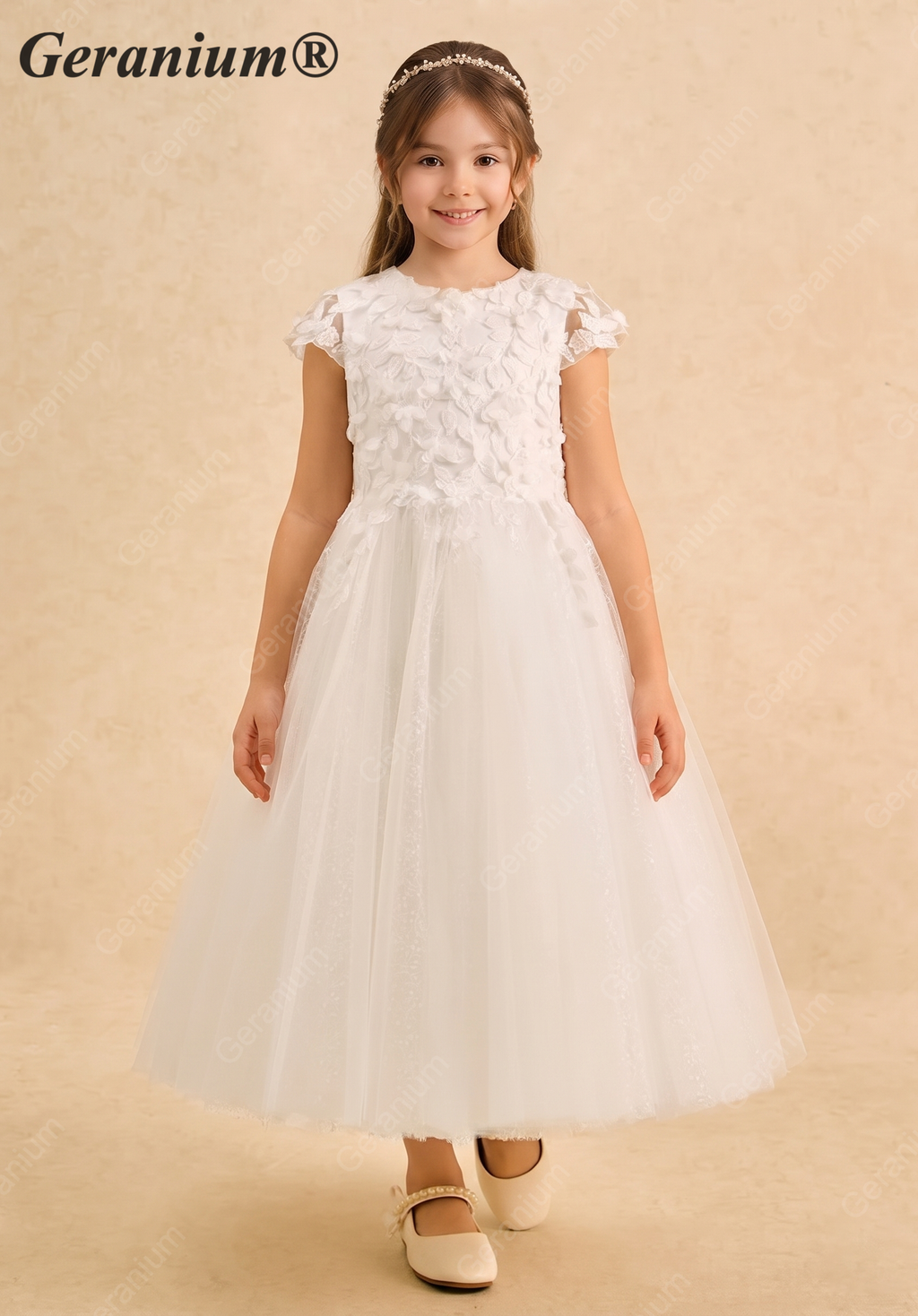 Geranium Elegant 3D Floral Applique Cap Sleeve Flower Girl Dress - Ankle Length Tulle Gown KD-234
