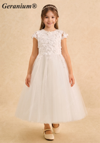 Geranium Elegant 3D Floral Applique Cap Sleeve Flower Girl Dress - Ankle Length Tulle Gown KD-234