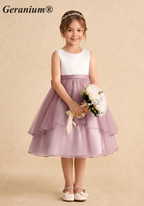 Geranium Elegant Two-Tone Flower Girl Dress: White Satin Sleeveless Bodice with Dusty Mauve Tiered Tulle Skirt & Detachable Oversized Bow KD-240