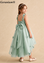 Geranium Sage Green 3D Floral Applique Flower Girl Dress - High-Low Tulle Skirt with Detachable Bow KD-269