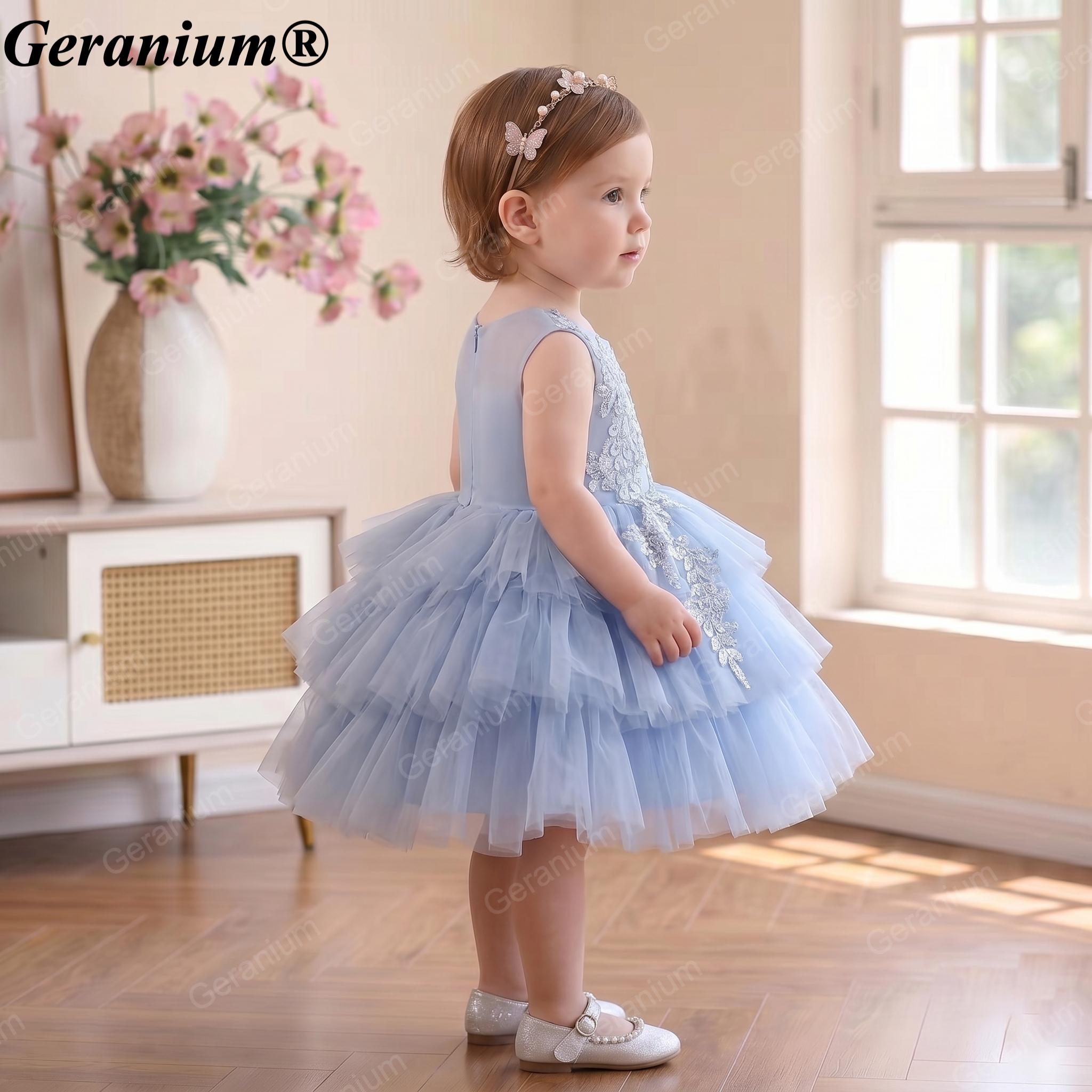 Geranium Sky Blue Tiered Tulle Flower Girl Dress with Lace Appliqué – KD-49 Secondary image