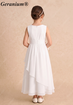 Geranium Elegant White Chiffon Flower Girl Dress / Bridesmaid Dress - Ruched Sash A-Line Cascading Ruffle Skirt - for Wedding, Communion, Party KD-228