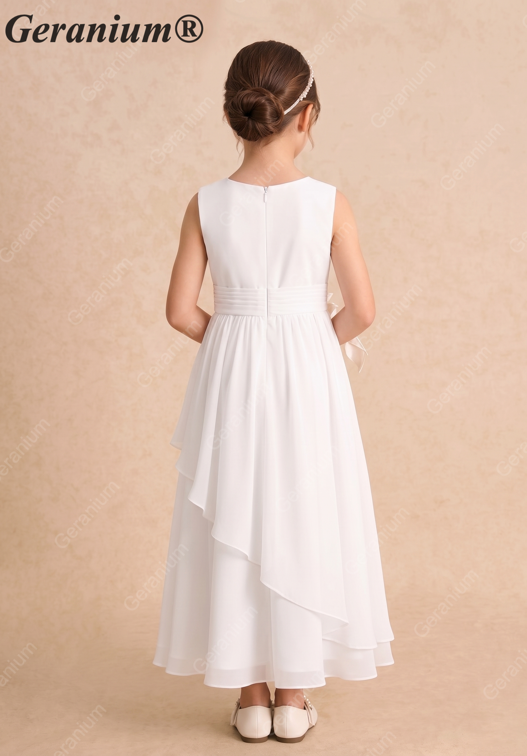 Geranium Elegant White Chiffon Flower Girl Dress / Bridesmaid Dress - Ruched Sash A-Line Cascading Ruffle Skirt - for Wedding, Communion, Party KD-228