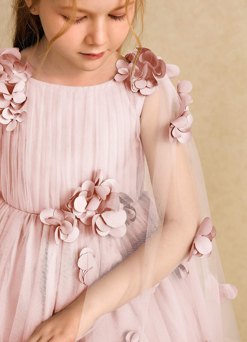 Geranium Enchanting Dusty Pink 3D Floral Flower Girl Dress with Ethereal Tulle Cape Sleeves KD-198
